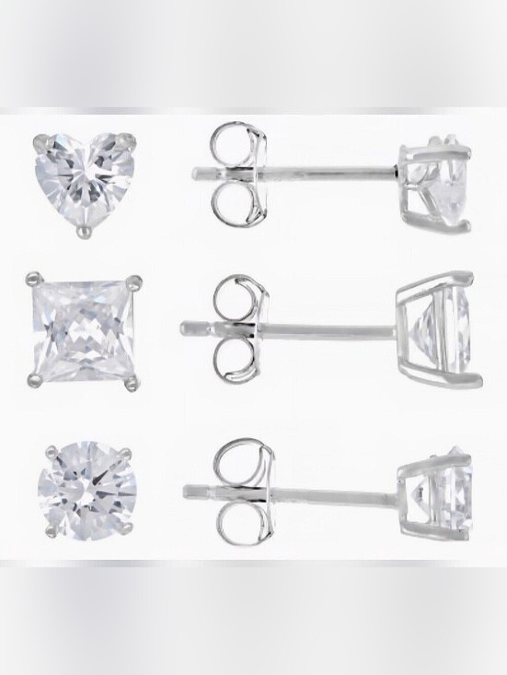 Bella Luce CZ Sterling Silver Stud Earring Set Heart Round Square w/Gift Box NWT